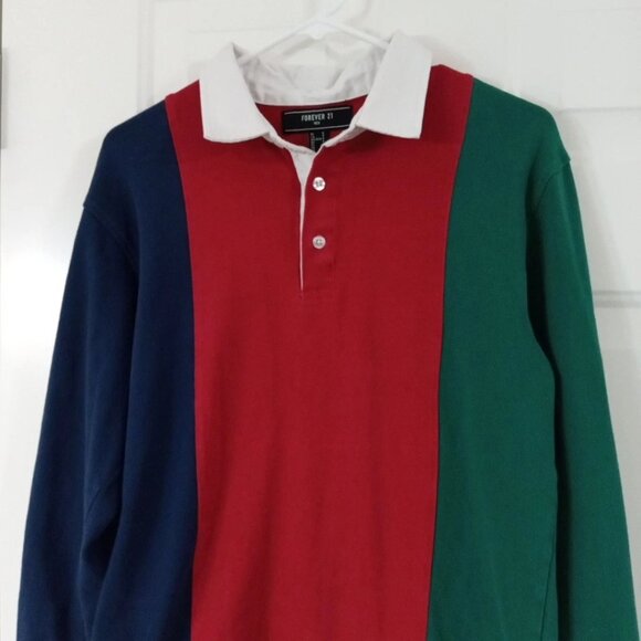 Forever 21 Polo Shirt Men Size Small Long Sleeve Collared Multicolor Colorblock - Picture 2 of 5